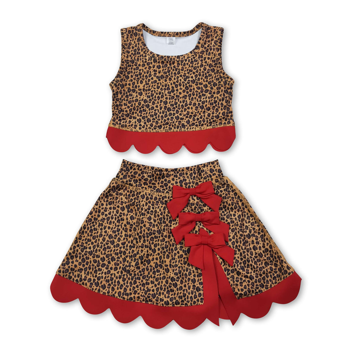 Sleeveless leopard red scallop girls summer active wear set
