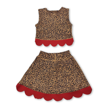 Sleeveless leopard red scallop girls summer active wear set