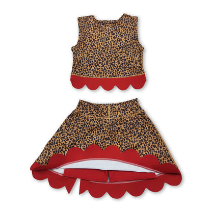 Sleeveless leopard red scallop girls summer active wear set