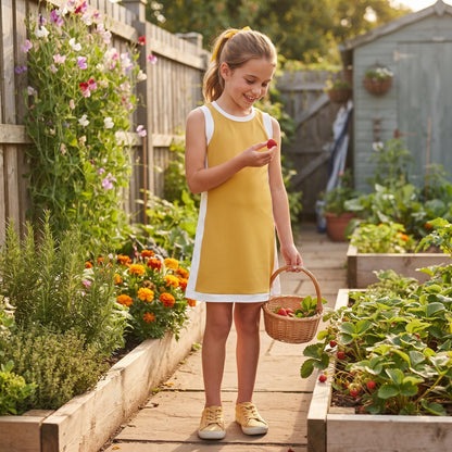 Sleeveless yellow white kids girls athletic dresses
