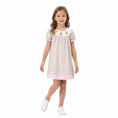 Short sleeves plaid pumpkin smocked girls fall dress