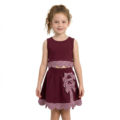Sleeveless maroon plaid scallop girls summer active wear set