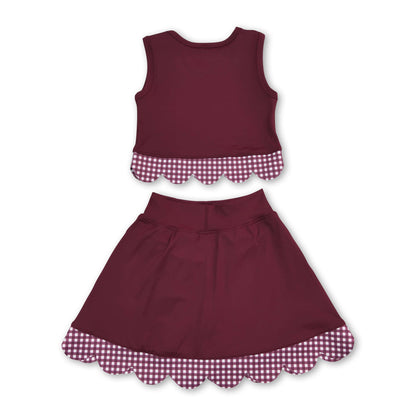 Sleeveless maroon plaid scallop girls summer active wear set