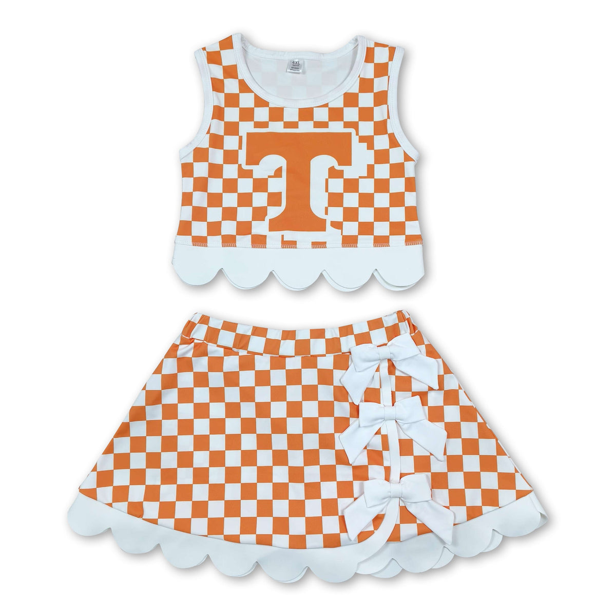 Sleeveless orange T plaid scallop girls team active wear set