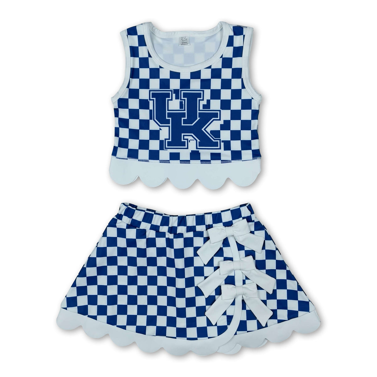 Sleeveless blue U K plaid scallop girls team active wear set