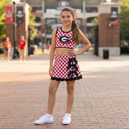 Sleeveless red G plaid scallop girls team active wear set