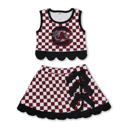 Sleeveless maroon C plaid scallop girls team active wear set