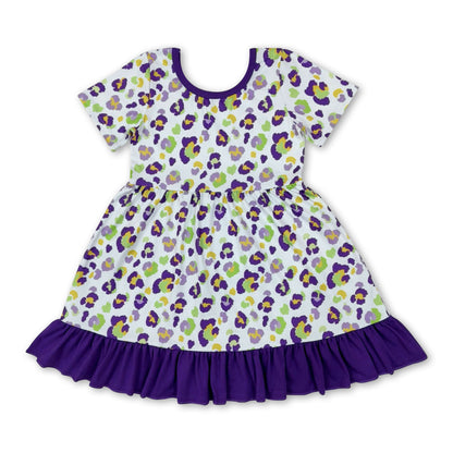 Short sleeves purple ruffle leopard girls Mardi Gras dress