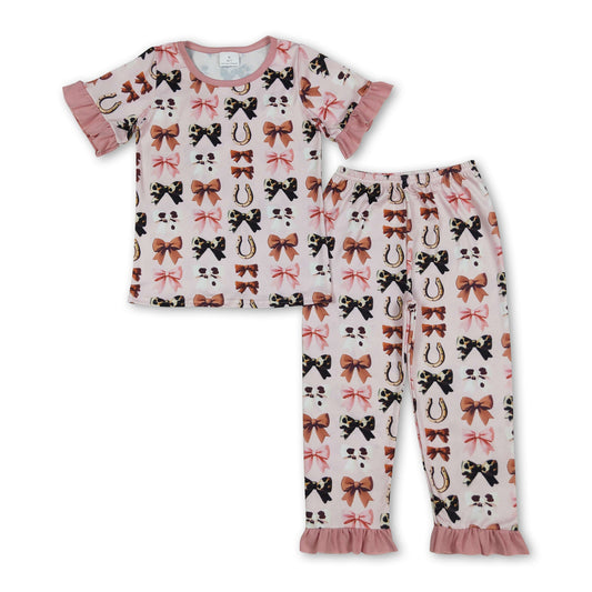 Pink ruffle cow print bow top pants western girls pajamas