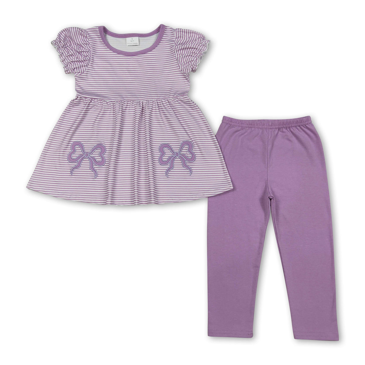 Short sleeves lavender stripe bow tunic leggings girls outfits