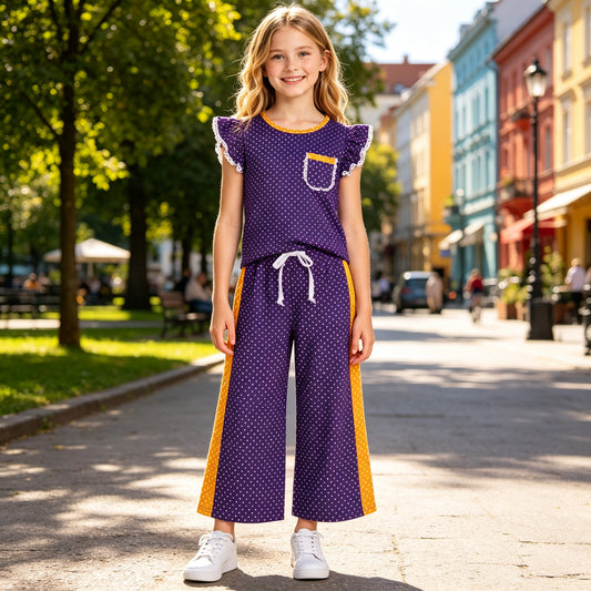 Purple polka dots flutter sleeves top pants girls team outfits