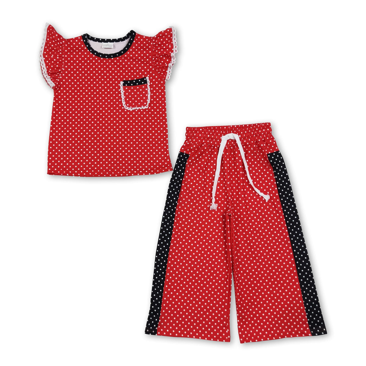 Red polka dots flutter sleeves top pants girls team outfits