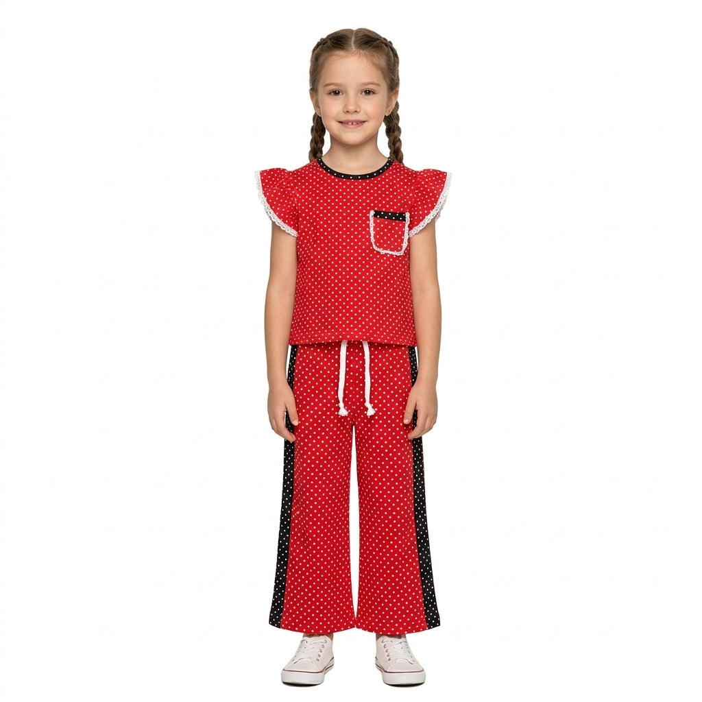 Red polka dots flutter sleeves top pants girls team outfits