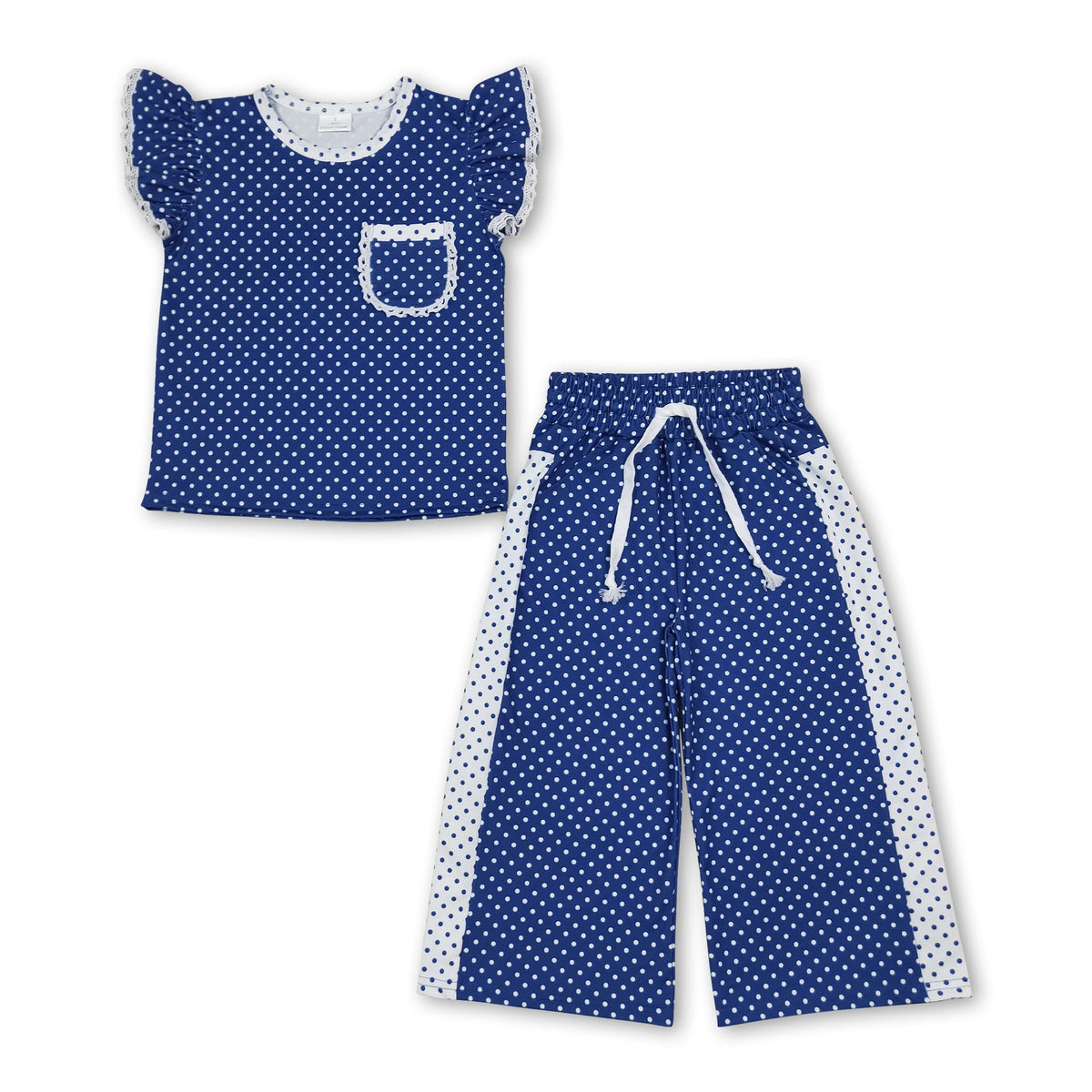 Blue polka dots flutter sleeves top pants girls team outfits