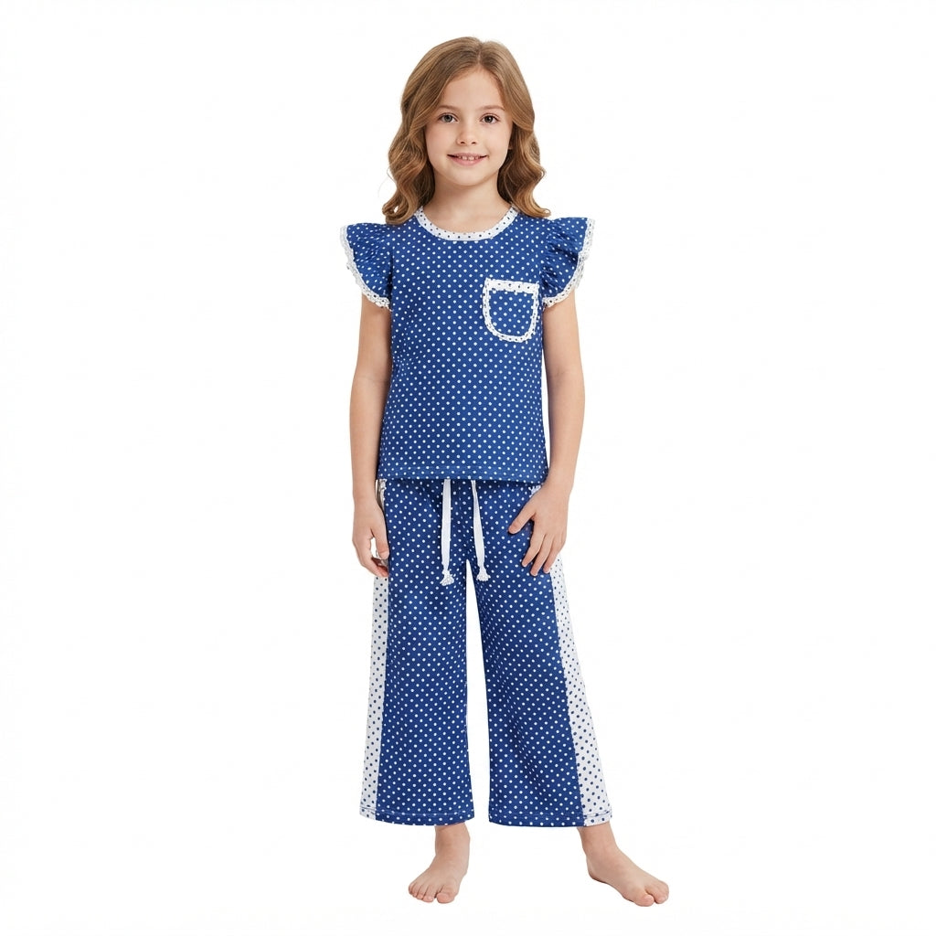 Blue polka dots flutter sleeves top pants girls team outfits