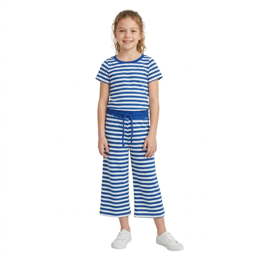 Short sleeves blue stripe top pants girls team outfits