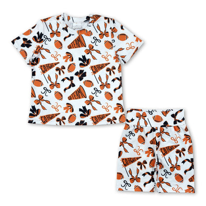 orange black bows gesture football girl short sleeve set