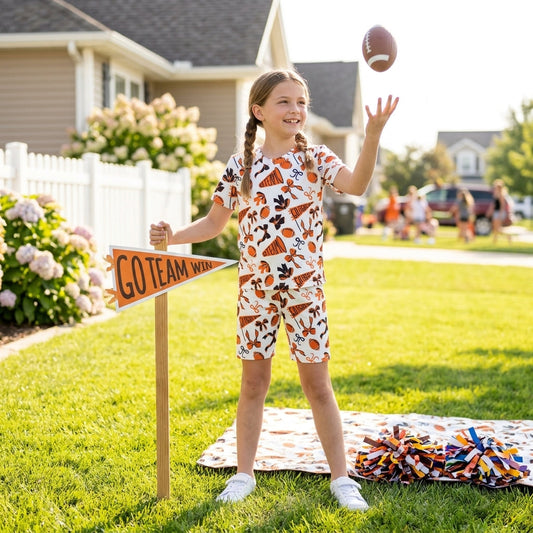 orange black bows gesture football girl short sleeve set
