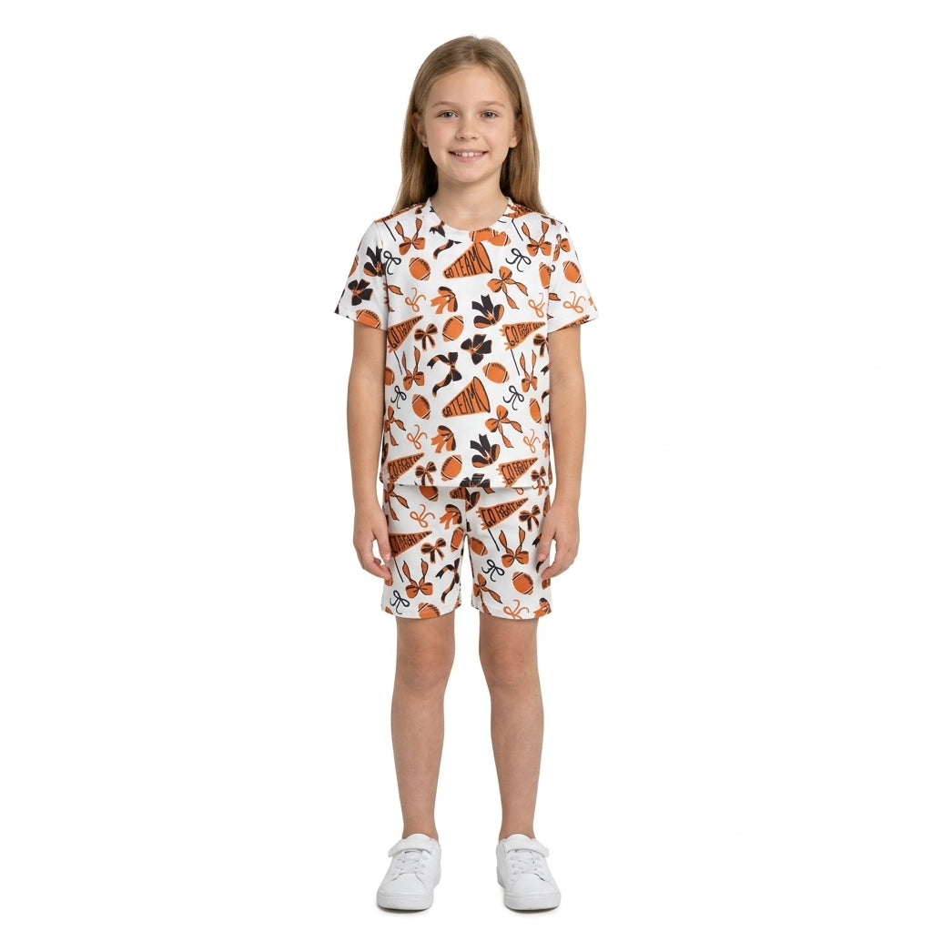 orange black bows gesture football girl short sleeve set