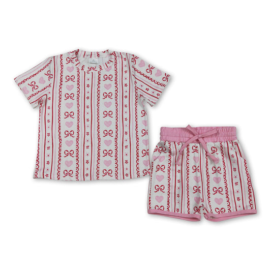 Pink heart bow floral top shorts girls Valentine's outfits