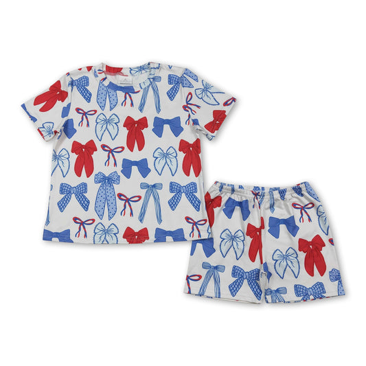 Red blue bow top shorts kids girls 4th of july outfits
