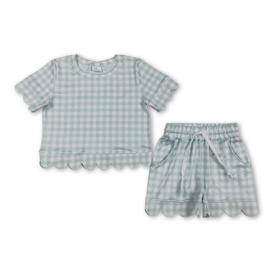 Sky blue plaid scallop top shorts girls summer outfit