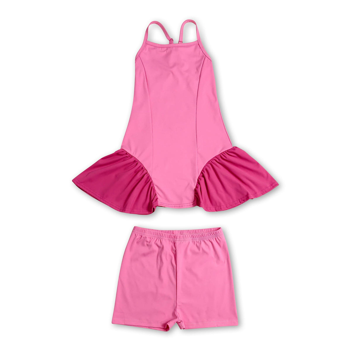 Straps pink patchwork athletic dress shorts girls active set