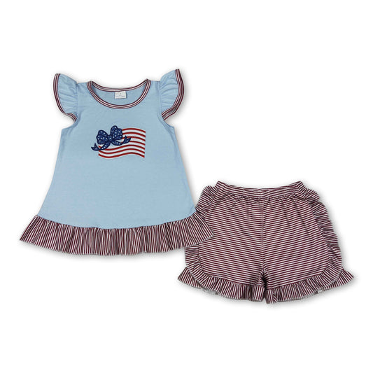 Flutter sleeves flag bow stripe shorts girls 4th of july outfit