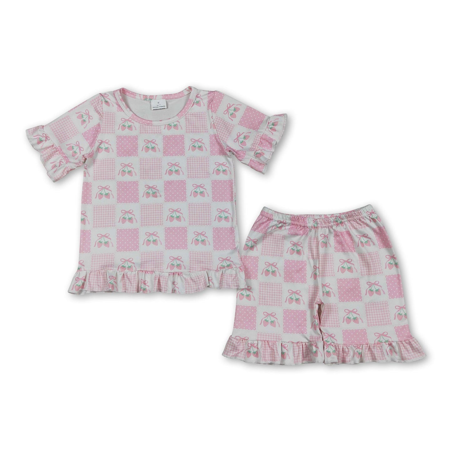 Short sleeves pink bow strawberry kids girls outfits