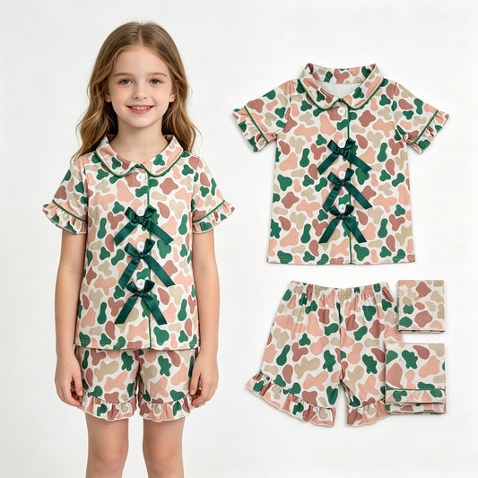 Short sleeves dark green bow camo girls button down pajamas set