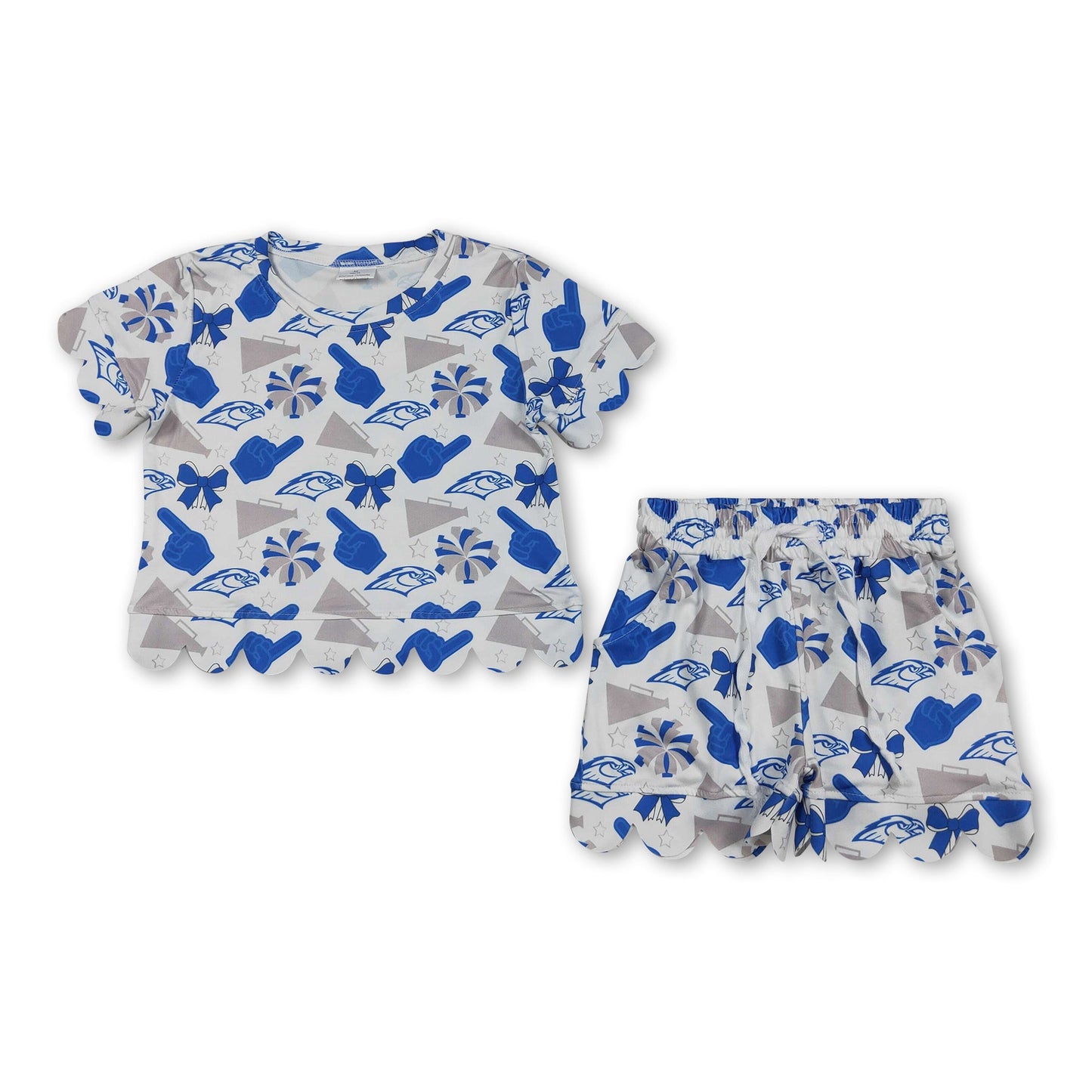 Short sleeves blue bow scallop top shorts girls team outfits