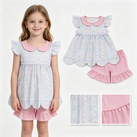 Floral scallop tunic ruffle shorts girls summer outfits