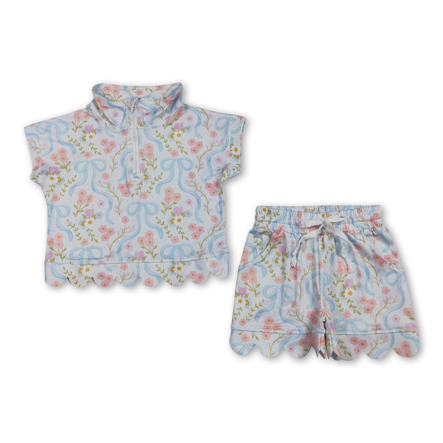 Short sleeves floral bow scallop pullover shorts girls outfits