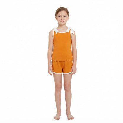 Sleeveless white bow orange top shorts girls team set