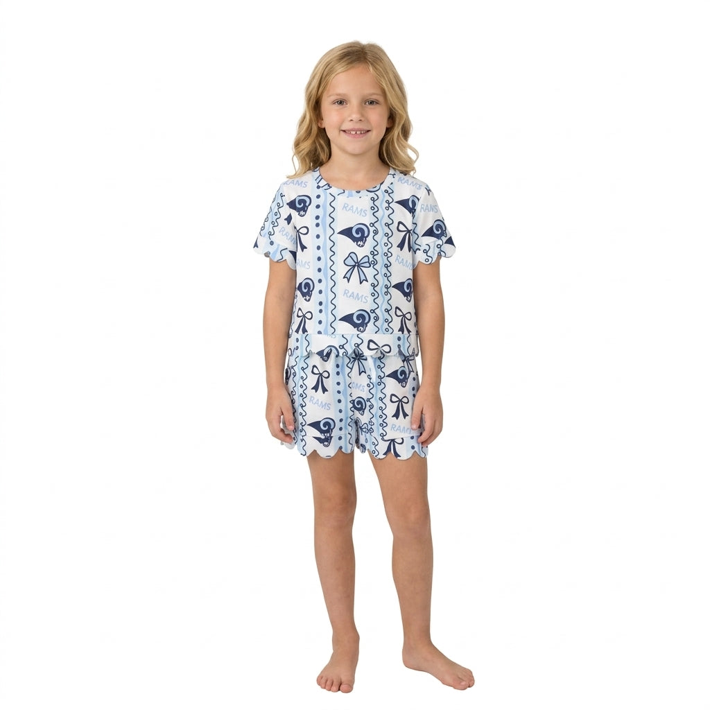 Short sleeves light blue bow rams girls team scallop outfits