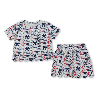 Short sleeves navy bow girls team scallop outfits
