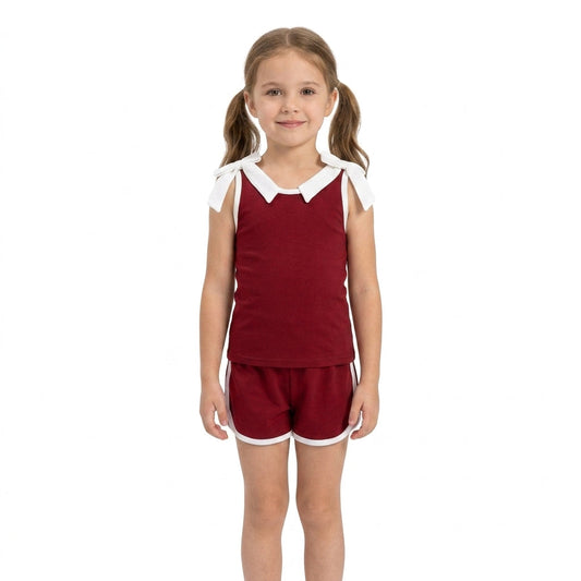 Sleeveless white bow maroon top shorts girls team set