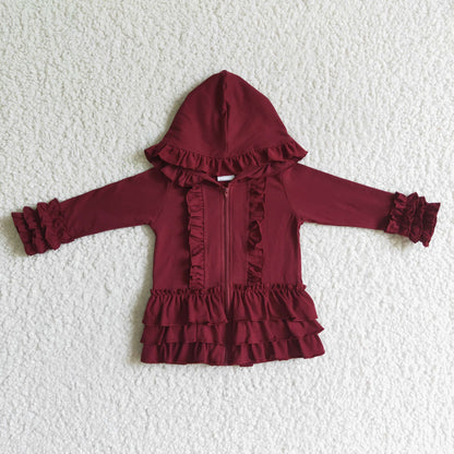 Solid Maroon zipper jacket girls ruffle hoodie cardigan