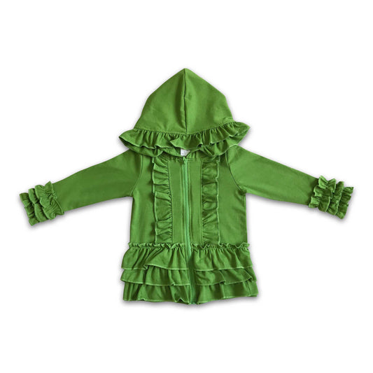 Solid olive zipper jacket girls ruffle hoodie cardigan
