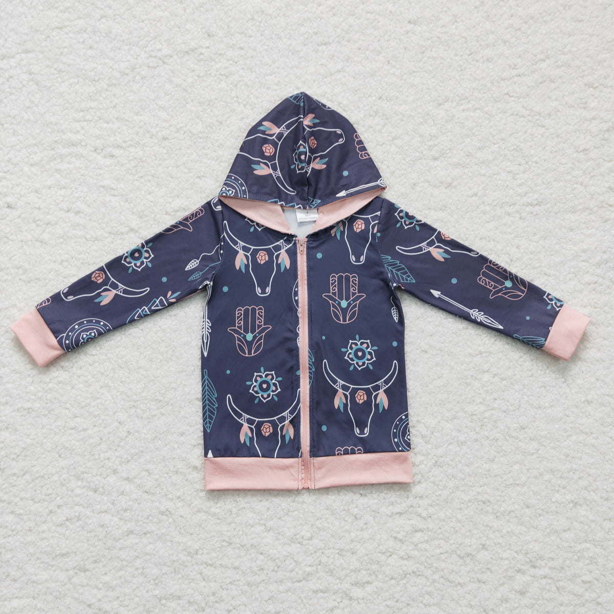 Bull skull feather zipper hoodie girls western jacket