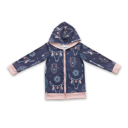 Bull skull feather zipper hoodie girls western jacket