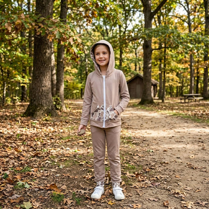 Long sleeves pocket deer camo girls hooded jacket