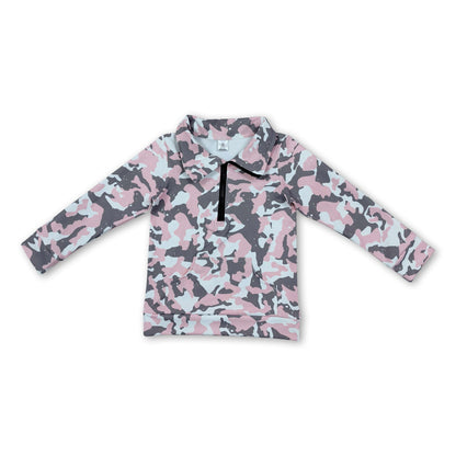 Long sleeves pink camo kids girls zipper pullover