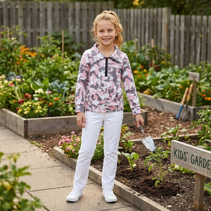 Long sleeves pink camo kids girls zipper pullover