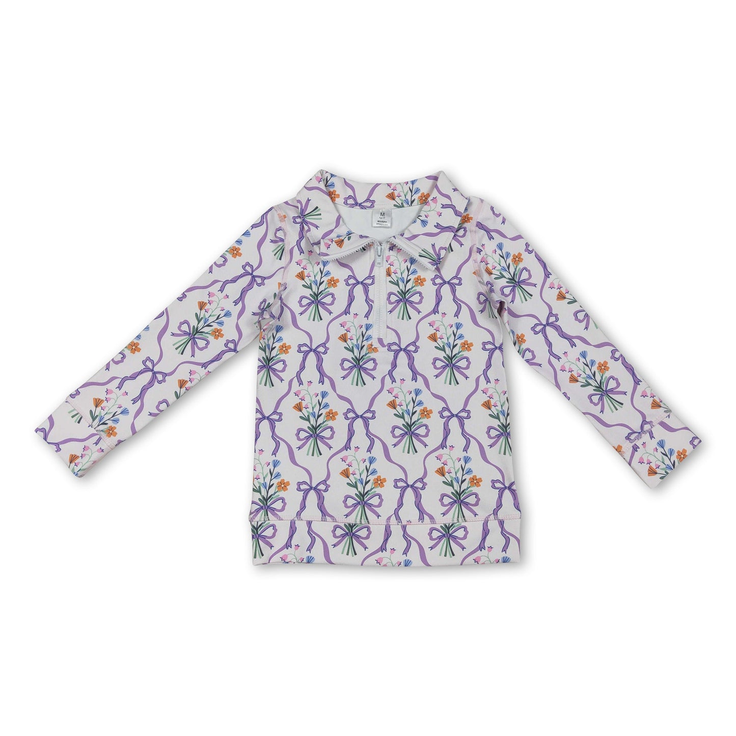 Purple bow floral kids girls zipper active yoga  pullover