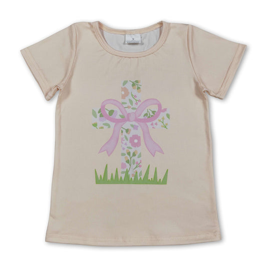 Short sleeves floral cross bow baby girls Easter shirt