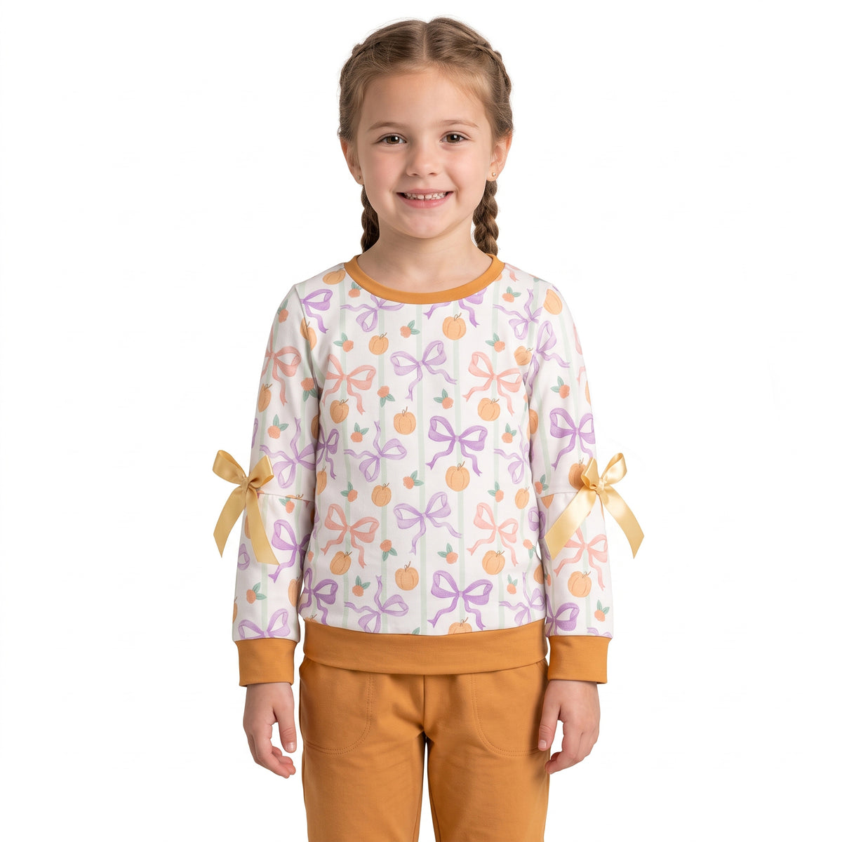 Pink purple bow pumpkin kids girls fall shirt