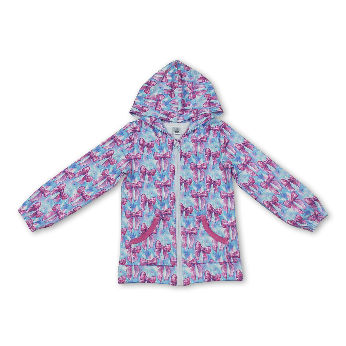 Long sleeves pink bow pocket girls zipper hooded jacket