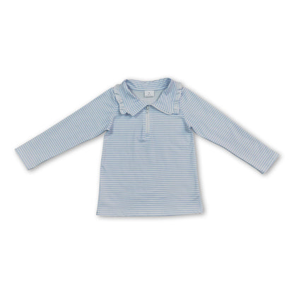 Long sleeves light blue stripe ruffle zipper girls pullover