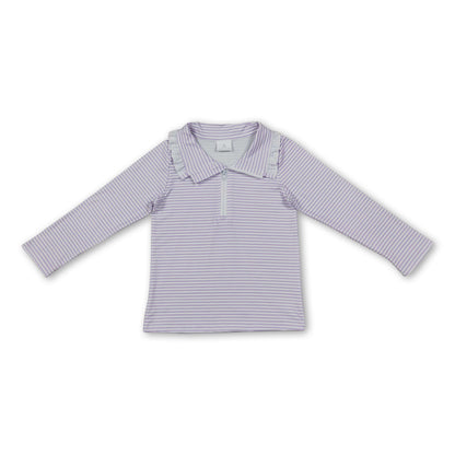 Long sleeves lavender stripe ruffle zipper girls pullover